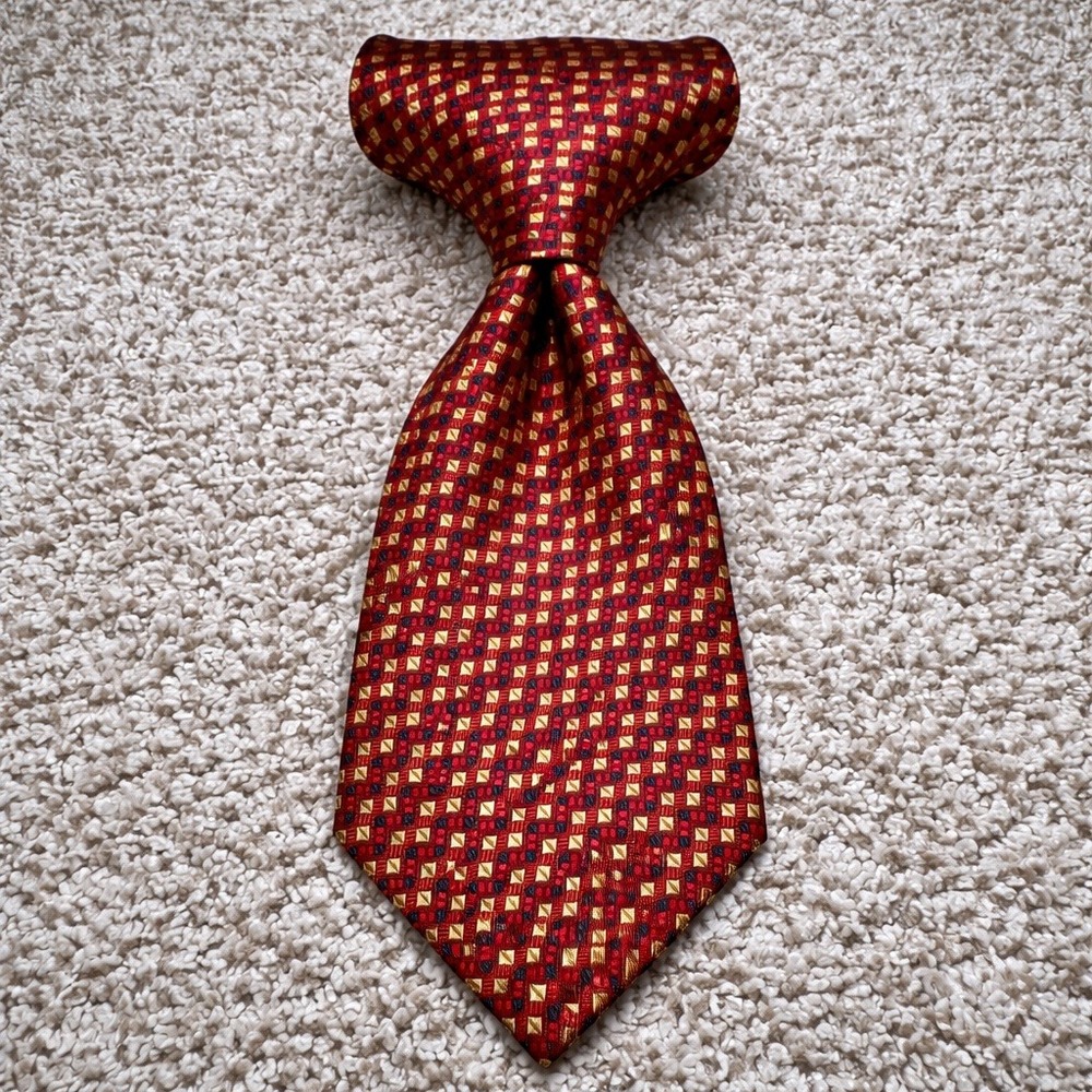 Mens Jos.A.Bank Red Gold Geometric Silk Necktie Made in Italy Classic 58" Tie